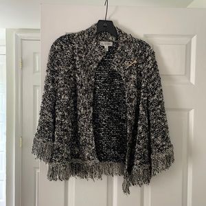 St. John Medium sport knit jacket in a white, black and grey knit fabric.